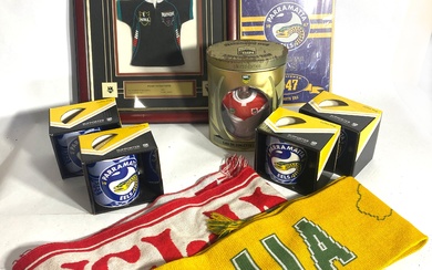 A Collection of Sporting Fan Merchandise including Parramatta Eels Mugs & Australian & English Scarfs