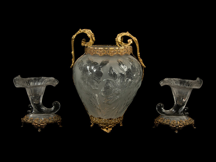 A Continental Gilt Metal Mounted Molded Glass Vase and Two Cornucopia Vases