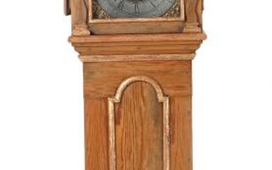 A Danish 18th century Rococo partly gilt pinewood longcase clock. Movement with...