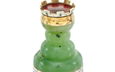 A FABERGÉ GOLD, GUILLOCHÉ AND CHAMPLEVÉ ENAMEL MOUNTED BOWENITE MODEL OF A CHESS ROOK, WORKMASTER HJALMAR ARMFELDT, ST PETERSBURG, 1899-1903