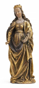 A FEMALE SAINT, probably St. Barbara, Passau/Lower Bavaria, c. 1520. Limewood, carved in full round. Original polychromy and flesh colour with overpaintings and some later gilding. The right hand probably added and without attribute, in her left hand...