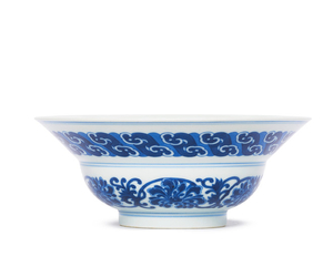 A FINE BLUE AND WHITE ‘LOTUS SCROLL’ OGEE-FORM BOWL, YONGZHENG SIX-CHARACTER MARK IN UNDERGLAZE BLUE WITHIN A DOUBLE CIRCLE AND OF THE PERIOD (1723-1735)