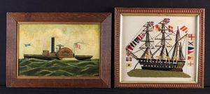 A Framed Woolwork embroidery of a three masked sailing ship 16 ins x 18 ins (42 cm x 24 cm), and an oil on board of a steamer ''Princess Alice'', in a reeded frame 15½ ins x 21½ ins (39 cm x 55 cm).