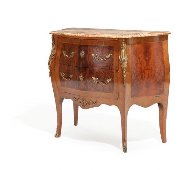 NOT SOLD. A French 20th century rosewood and root wood chest of drawers. H. 85....