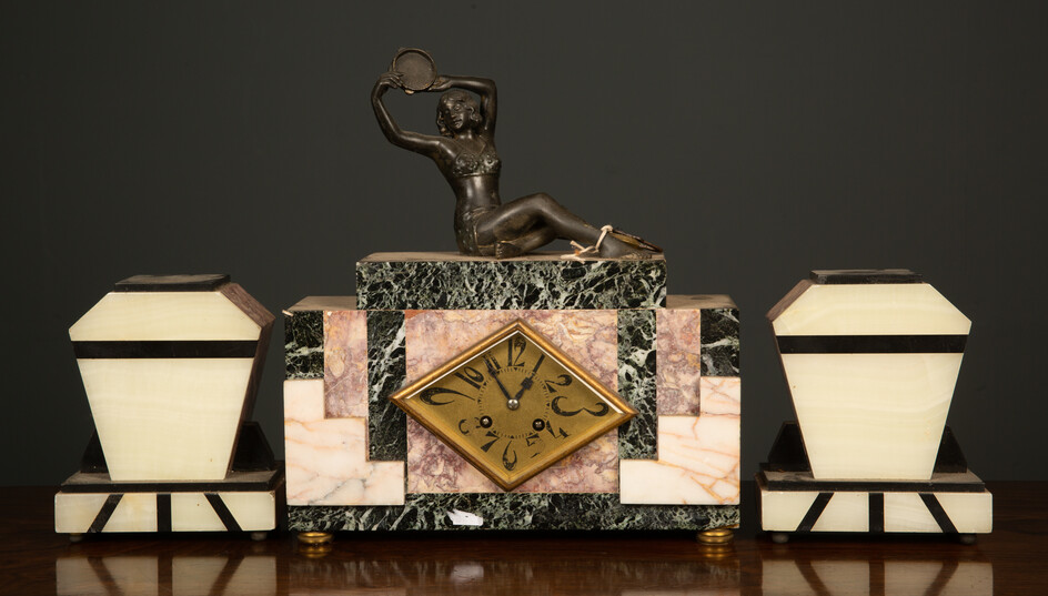 A French art deco marble garniture clock