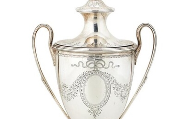 A GEORGE III SILVER TWIN HANDLED SUGAR VASE AND COVER BY ROBERT SHARP