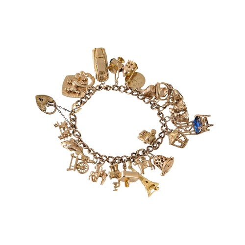 A GOLD CHARM BRACELET, of 9ct gold, suspending various charm...