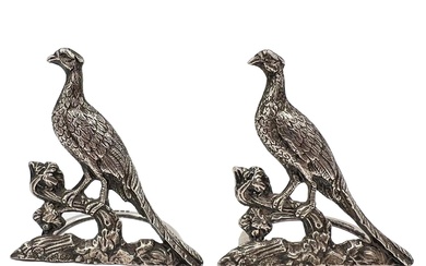 A GOOD QUALITY PAIR OF SILVER PHEASANT/GROUSE MENU HOLDERS,...