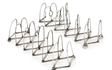 A George III R.C. & Co. patent extendable toast rack, by Roberts Cadman & Co., the extendable silver plated six slice rack raised on four bun feet, together with a second extendable silver plated toast rack of similar design, unmarked (2)...