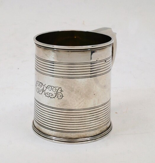 A George IV silver christening cup, London, 1929, Charles Fox II, of tapering cylindrical form with banded detail and shaped handle, having engraved initials to exterior and gilt interior, 7.6cm high, weight approx. 4.4oz