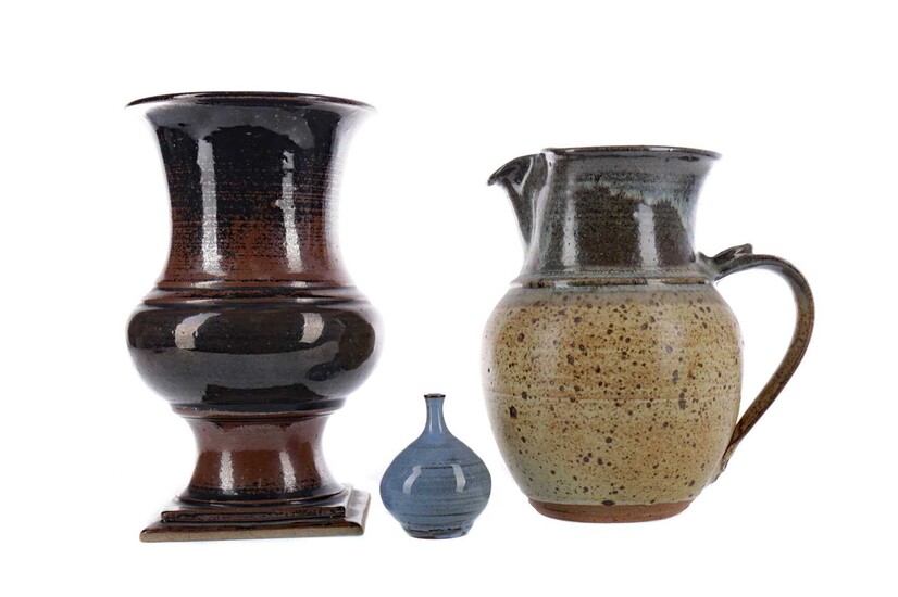 A JANET ADAM STUDIO POTTERY STONEWARE VASE, ALONG WITH TWO OTHER VASES AND A JUG