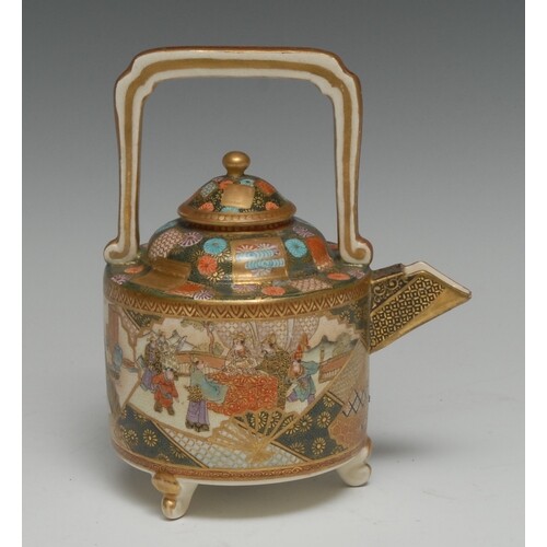 A Japanese satsuma sake pot, painted in polychrome with figu...