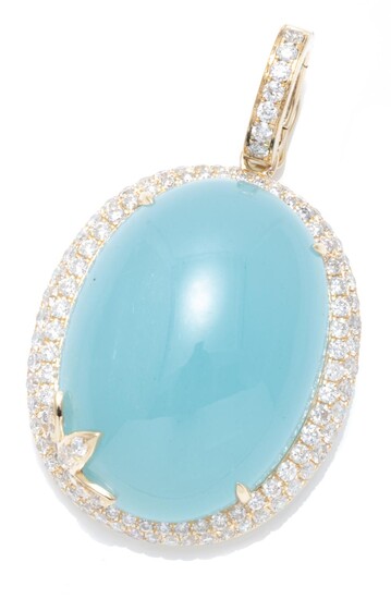 A LARGE AQUAMARINE AND DIAMOND ENHANCER PENDANT; featuring an oval cabochon aquamarine of 31.75ct set in 9ct gold frame and bale set...