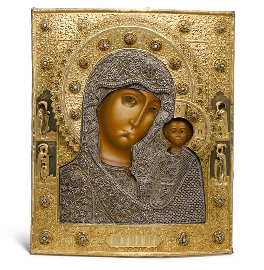 A LARGE GEM-SET SILVER-GILT AND FILIGREE ICON OF THE KAZANSKAYA MOTHER OF GOD, MIKHAIL SHEIN, MOSCOW, 1865