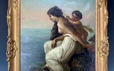 A LARGE GERMAN OIL PAINTING ON CANVAS THE BATHERS