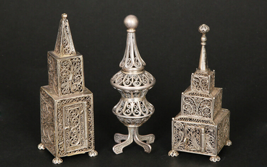 A LOT THREE STERLING SILVER AND FILIGREE SPICE TOWERS