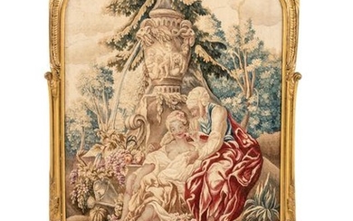 A Louis XV Style Giltwood and Silk Tapestry-Inset Fire