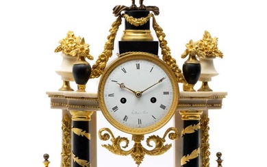 A Louis XVI ormolu and black and white marble mantel clock 'pendule portique'