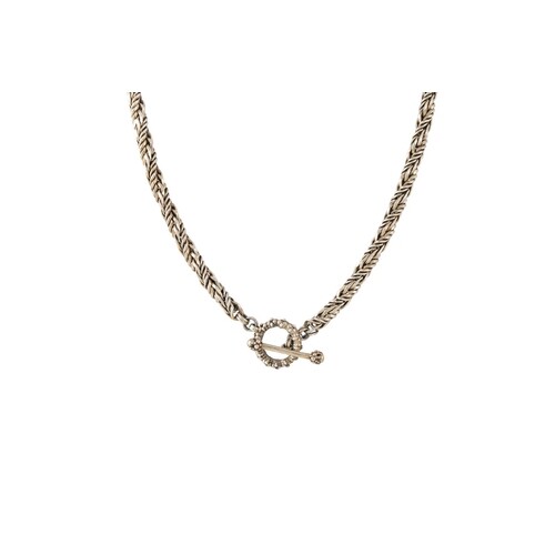 A MODERN SILVER WOVEN LINK NECK CHAIN AND T BAR, signed Step...