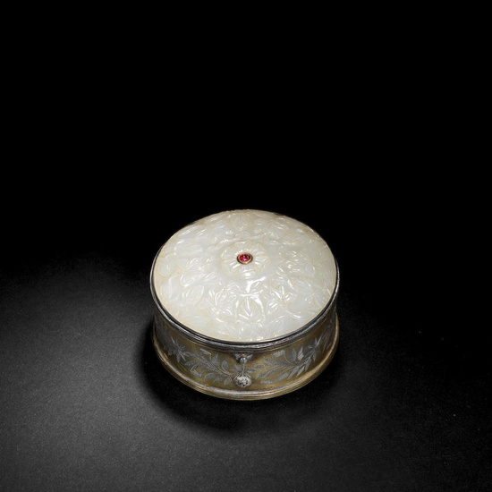 A Mughal ruby-set white jade lid mounted as a box...