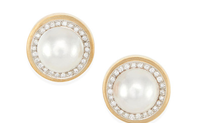 A PAIR OF 14K BI-COLOR GOLD, MABÉ PEARL AND DIAMOND...