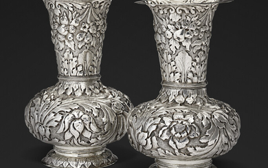 A PAIR OF CHARLES II SILVER GARNITURE VASES MAKER'S MARK NS A STAR BELOW AND TWO ABOVE IN A SHAPED SHIELD, LONDON, CIRCA 1675