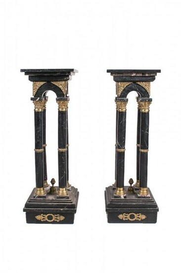 A PAIR OF DORE BRONZE AND MARBLE PEDESTALS
