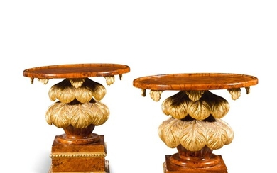 A PAIR OF FAUX-BURR WALNUT AND CARVED GILTWOOD OVAL LOW TABLES, MODERN