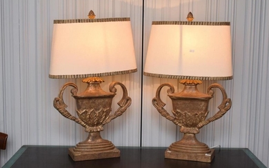 A PAIR OF FLORENTINE STYLE GILT BASED TABLE LAMPS WITH URN FORM BASES (shades included)