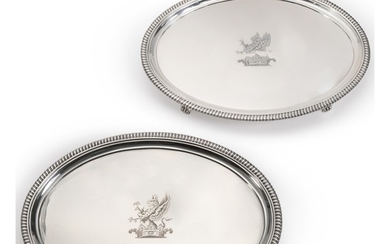 A PAIR OF GEORGE III SILVER OVAL SALVERS, THOMAS HANNAM AND JOHN CROUCH, LONDON, 1803
