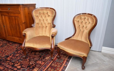 A PAIR OF MATCHED VICTORIAN LADIES AND GENTLEMAN'S WALNUT CHAIRS