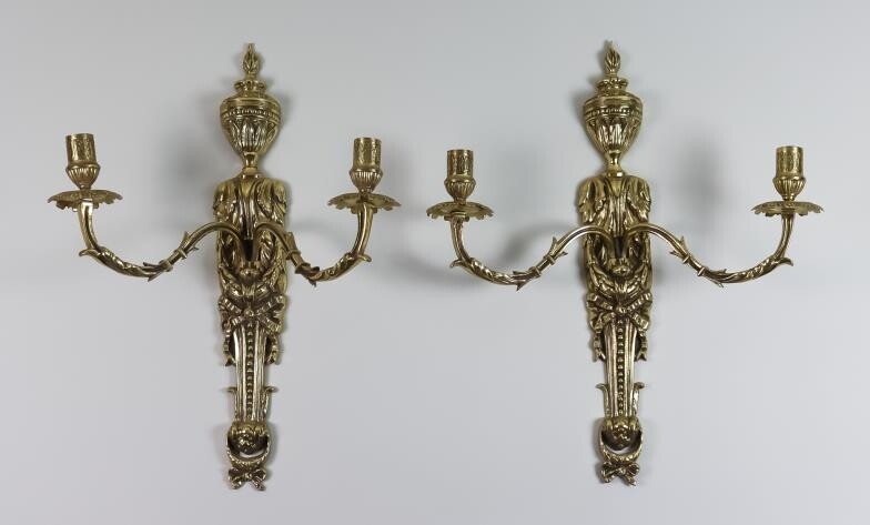 A Pair of Cast Brass Twin Wall Lights, the...