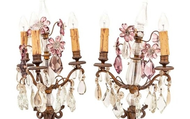 A Pair of French Gilt Metal and Cut Glass Three-Light