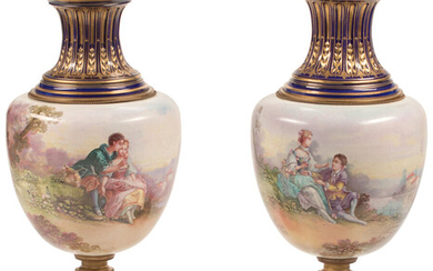 A Pair of Large French Sèvres-Style Covered Porcelain Vases (19th century)