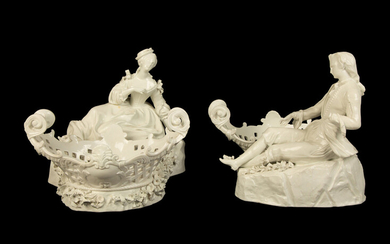 A Pair of Large Meissen White Glazed Porcelain Baskets with Figures of a Gentleman and Lady