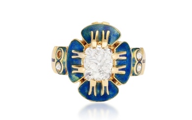 A RARE ART NOUVEAU ENAMEL AND DIAMOND 'PANSY' RING, BY CHARL...