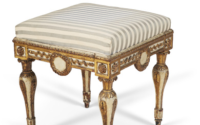 A ROYAL NORTH ITALIAN WHITE-PAINTED AND PARCEL-GILT TABOURET TURIN, CIRCA...