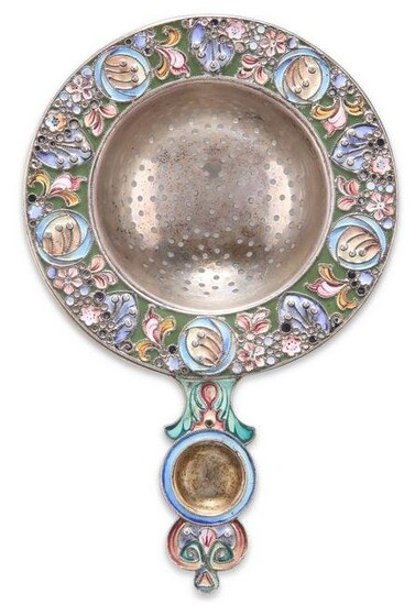 A RUSSIAN SILVER AND ENAMEL TEA STRAINER, Second