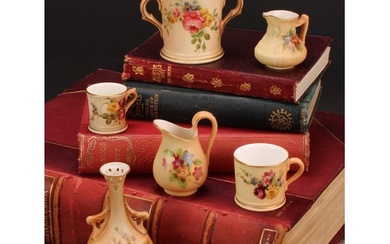 A Royal Worcester blush ivory miniature two-handled vase, de...