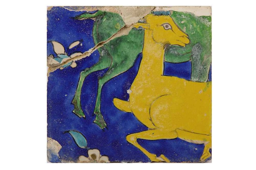 * A SAFAVID CUERDA SECA POTTERY TILE WITH DEER Iran, 17th - early 18th century