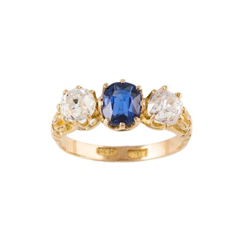 A SAPPHIRE AND DIAMOND THREE STONE RING, set with old cut st...