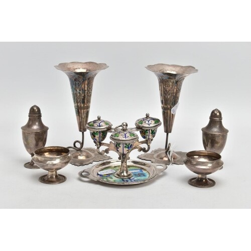 A SELECTION OF WHITE METAL ITEMS, to include two posy vases ...