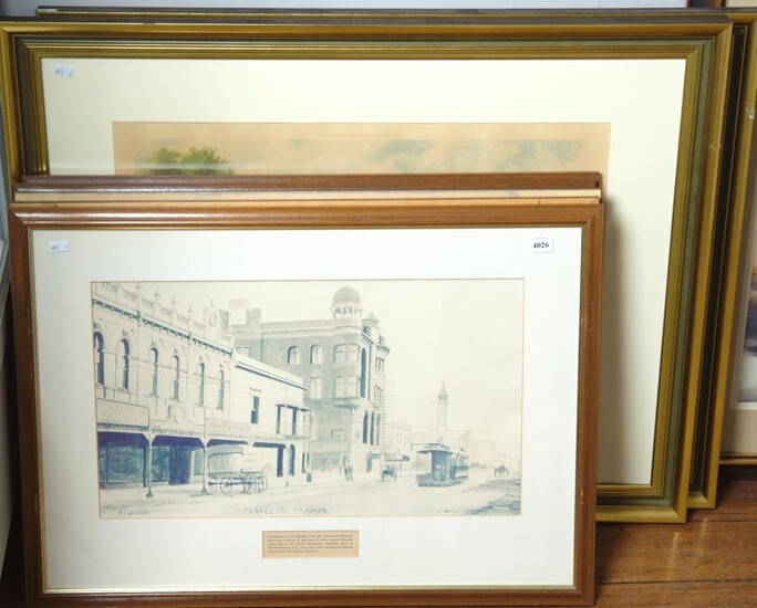 A SET OF FIVE FRAMED MELBOURNE STREET SCENES AND A PAIR OF LANDSCAPE ENGRAVINGS