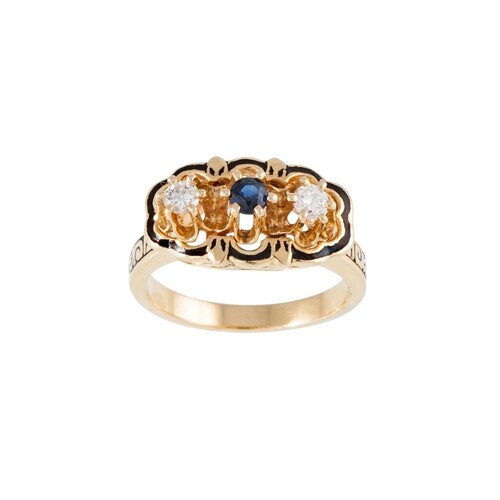 A THREE STONE DIAMOND AND SAPPHIRE RING, with enamel decorat...