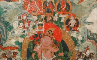 A TIBETAN THANGKA 19TH CENTURY Painted to the centre with...