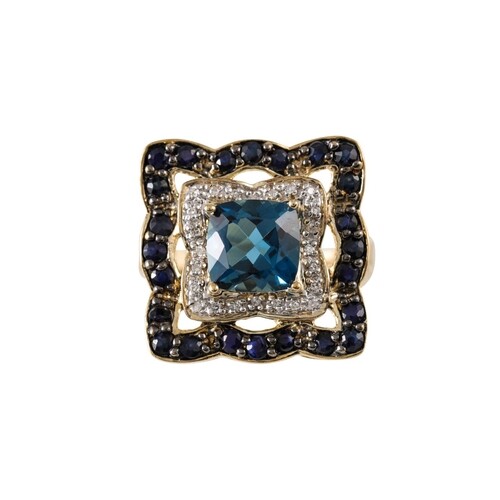A TOPAZ, DIAMOND AND SAPPHIRE CLUSTER RING, mounted in 9ct g...