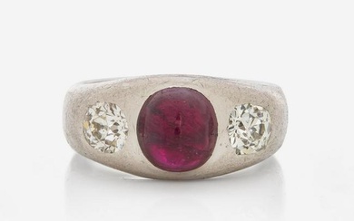 A Three-Stone Art Deco Platinum, Ruby, and Diamond Ring C.1920