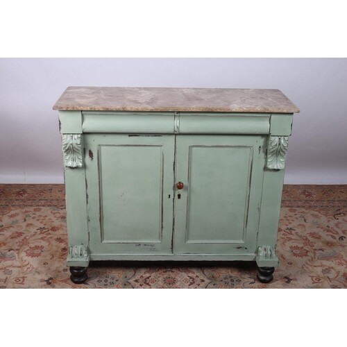 A VINTAGE MAHOGANY PAINTED SIDE CABINET of rectangular outli...