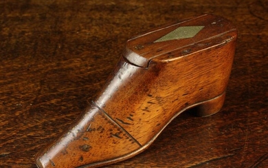 A Victorian Carved Mahogany Snuff Box in the form of a shoe with sliding lid and piqué work embellis