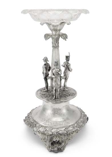 A WILLIAM IV SILVER AND CUT GLASS CENTERPIECE MARK OF BENJAMIN SMITH III, LONDON, 1833, THE FIGURES MARK OF MAPPIN & WEBB, LONDON, CIRCA 1904